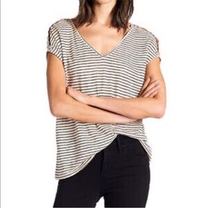 Lucky Brand | Linen Stripe Tee Womens L Beige Short Cap Sleeves Pullover